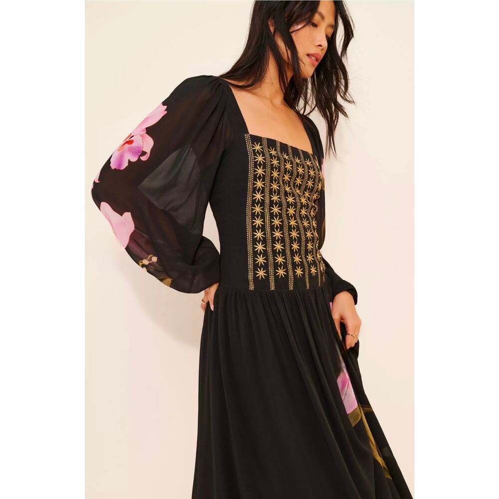 Farm Rio for Anthropologie Floral Long Sleeve Midi Dress .  Size M. Ret $210 - Picture 3 of 12